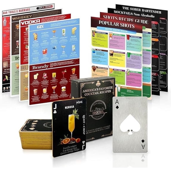 Official Cocktail Cards – Black 5-Piece Barware Set with Drink Recipe ...