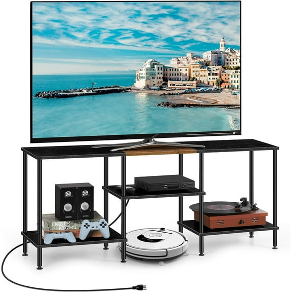 Black 50 inch TV Stand with Charging Station, 45" Modern Industrial Entertainment Center with 3 Outlets & 2 USB Ports, Low Profile Media Console Table with Storage Shelves for Living Room & Bedroom