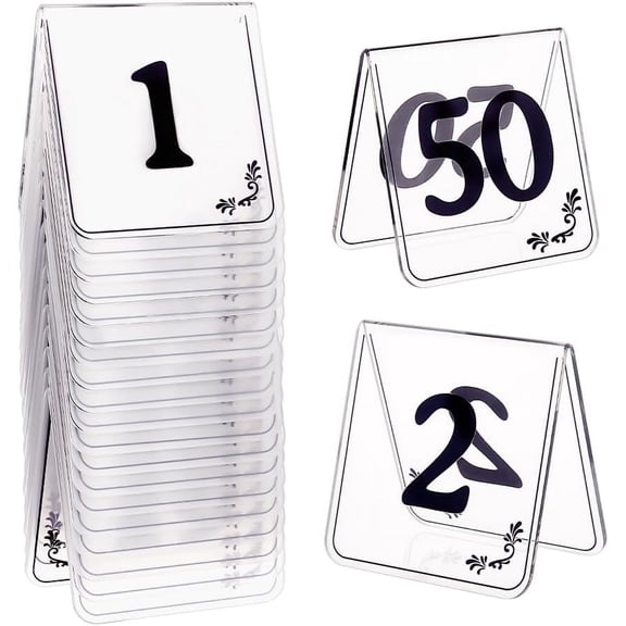 Black 50pcs Tent Style Acrylic Table Numbers Signs 1-50 Double Sided Clear Table Numbers Signs Acrylic Tent Table Numbers Stands Signs Wedding Table Numbers for Wedding Party Banquets Receptions