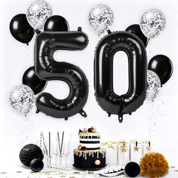 Black 50th Birthday Decorations Big 32 Inch 50 Foil Balloons with Confetti Silver Dots Latex Balloons for 50 Year Old Birthday 50th Anniversary Party Supplies