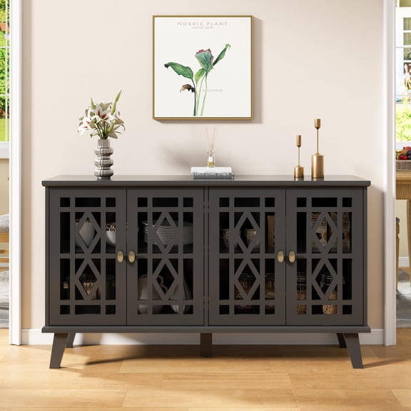 Black 52 Inch Sideboard Cabinet With 4 Geometric Lattice Doors