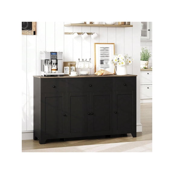 Black 55"55inch Large Sideboard Buffet, Farmhouse Coffee Bar Cupboard Buffet Cabinet Storage With Adjustable Shelves And 2 Drawers For Kitchen Dining Living Room
