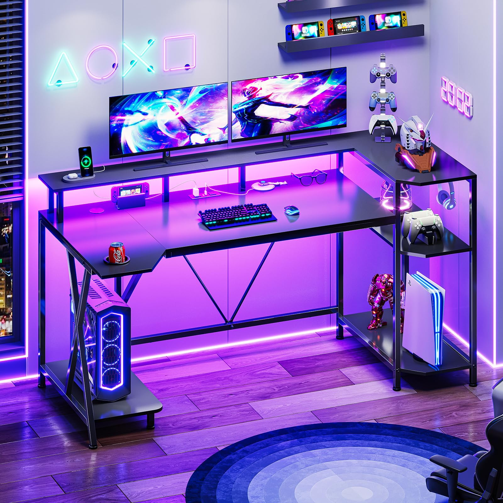 Black 55" Gaming Desk with Monitor Stand, Computer Desk with LED Lights and Storage Shelves, Power Outlets and Cup Holder, Large PC Gaming Table for Bedroom Living Room