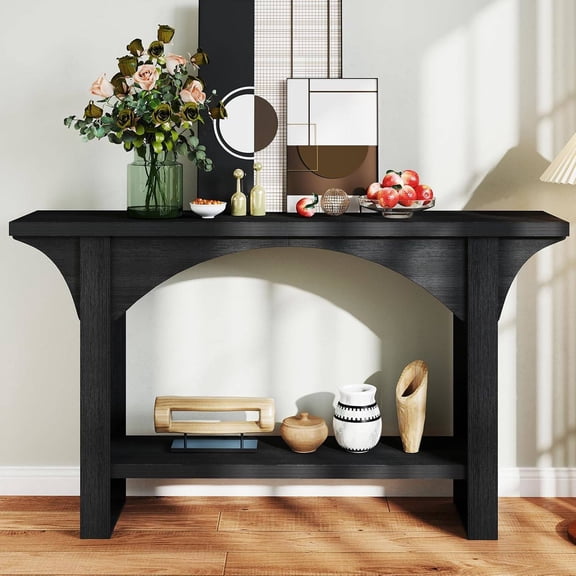 Black 55" Modern 2-Tier Wood Entry Console Table for Foyer, Hallway, or Living Room