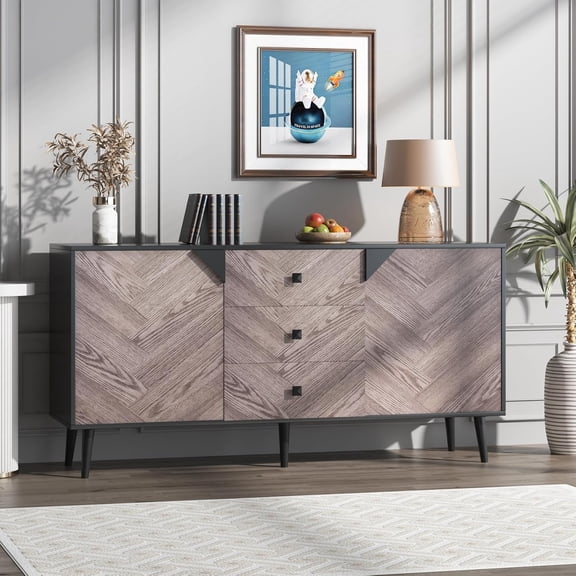Black 55 Point 1 Inch 3 Drawer Storage Cabinet with Adjustable Shelf and Doors Modern Sideboard Buffet Cabinet for Dining Room Walnut Grain grey Grain