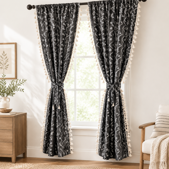 Black 55"W x 63"L (Pack of 2) Semi Sheer Linen Cotton Tassel Window Curtain Drapes