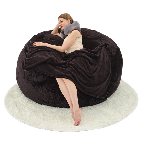 Black 5FT Oversized Bean Bag Chair with Filling Included, Flannel Cover, Convertible Sofa Bed for Sitting & Sleeping, Detachable Washable Cover, Ideal for Bedroom