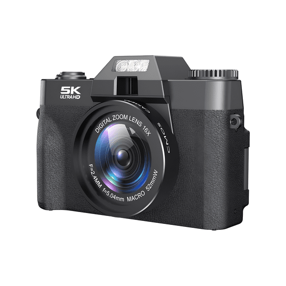 Black 5K Digital Camera, WiFi, 16X Zoom, Anti-Shake, for Vlogs & Live Stream