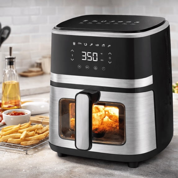 Black 5L Digital Air Fryer with CNC Display, Featuring A Transparent Small Window and Timing Function, Suitable for Home Kitchens.