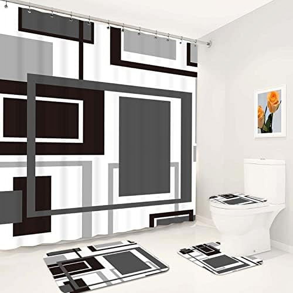 Black 5Pcs Bathroom Sets with Bath Rugs and Bath Towel Geometric Modern ...