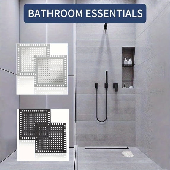 Black 5X5 Inch Stainless Steel Drain Strainer Plate, Catcher for Shower Drain, Bathtub Drain Catcher, Bathroom Sink Drain Strainer, Solid Square Drain Grate That Fits Standard