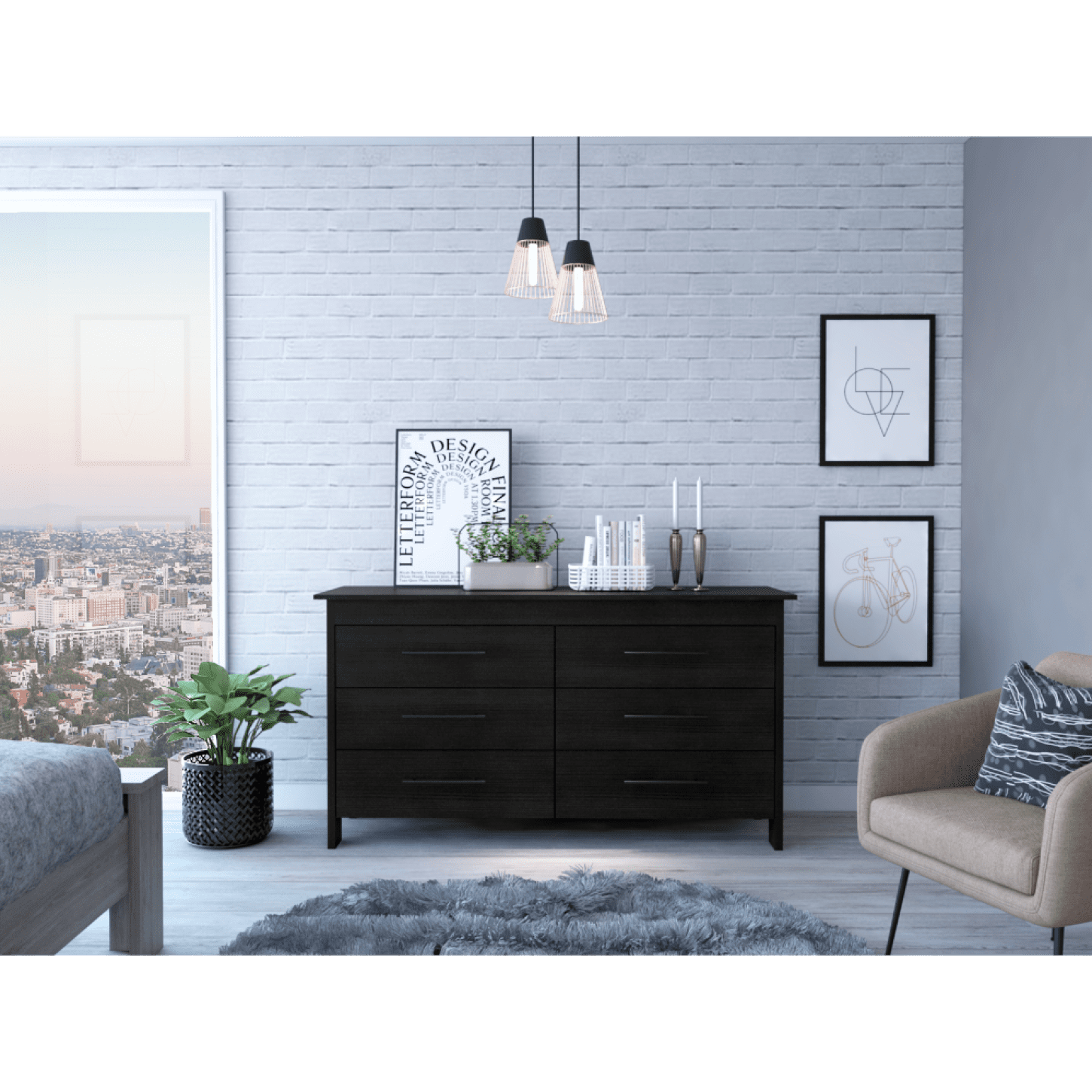 Black Double Roller 6-Drawer Bedroom Dresser