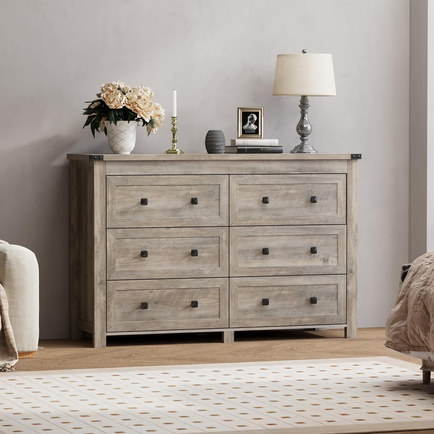 Grey 10-Drawer Dresser – 59 Inch Wide, Metal Ring Pulls, Rustic TV Stand For Bedroom