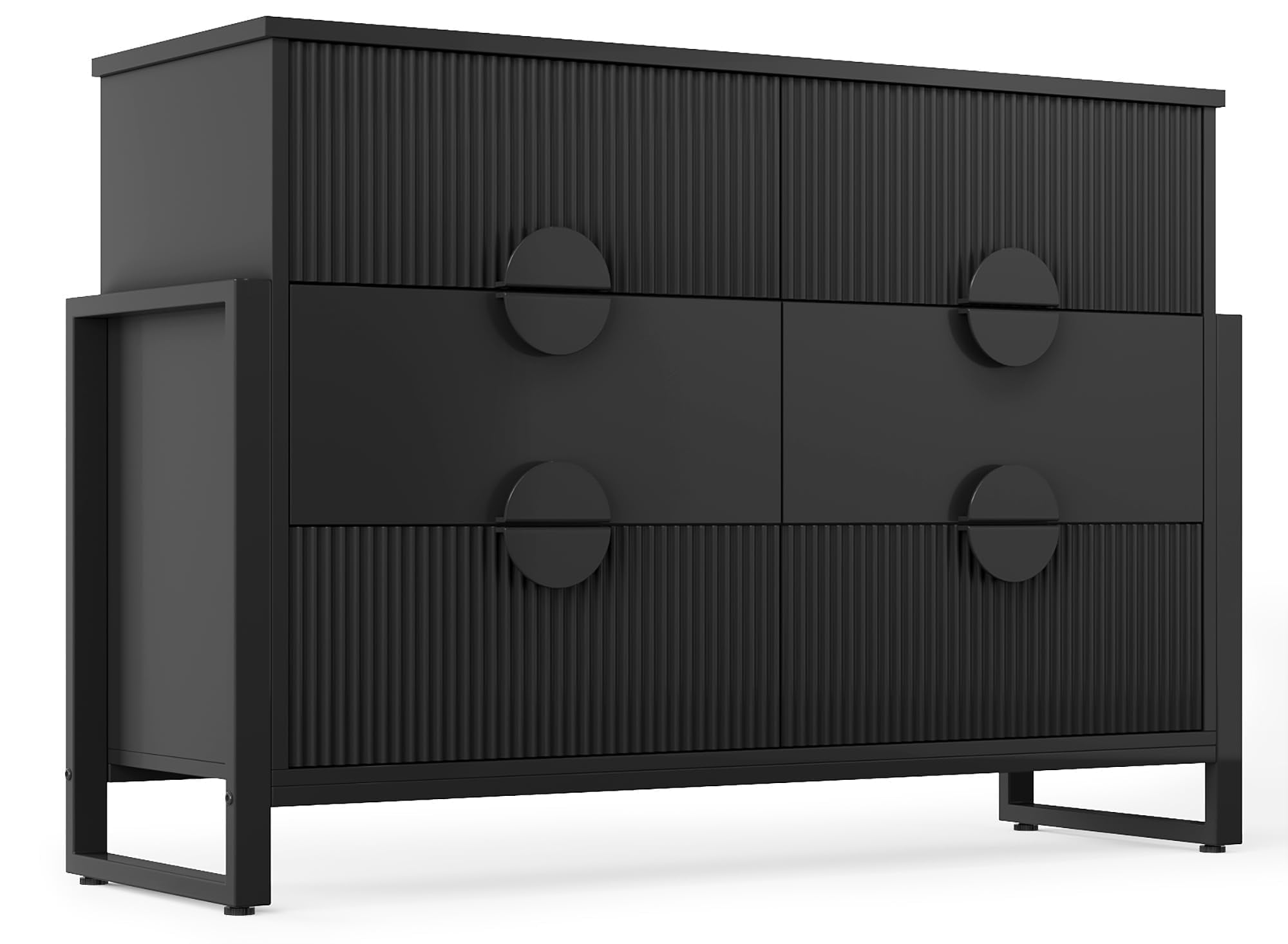 Black 6 Drawer Dresser for Bedroom, Modern Wide Chest Of Drawers Wood Storage Cabinet for Living Room