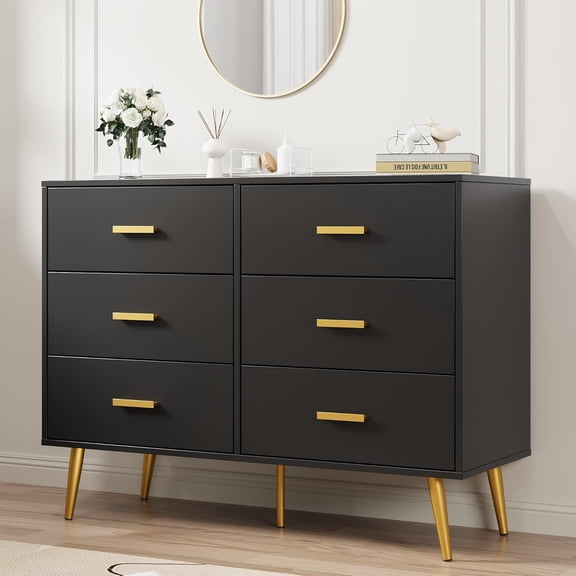 Black 6-Drawer Dresser with Gold Handles, Wooden Chest with Deep Storage Drawers for Bedroom, Living Room, Entryway