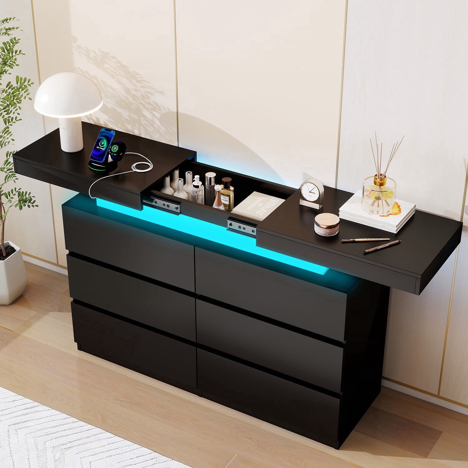 Black 6 Drawer Dresser with Sliding Top, LED Lights & Charging Station - Spacious Chest of Drawers for Bedroom, Entryway, or Hallway Storage