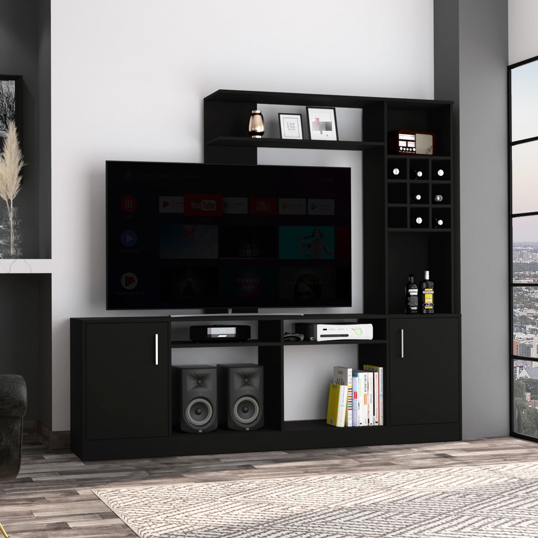 Black 6 Entertainment Center For Tv And Wine Organization Stylish 2