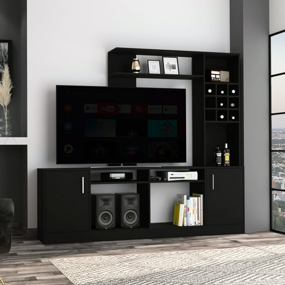 Black 6 Entertainment Center For Tv And Wine Organization Stylish 2-door With Finish