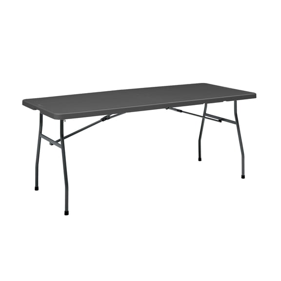 Black 6 Foot Fold-in-Half Plastic Table, Indoor Outdoor, Scratch Resistant, Stain & UV Damage, Built-in Carry Handle
