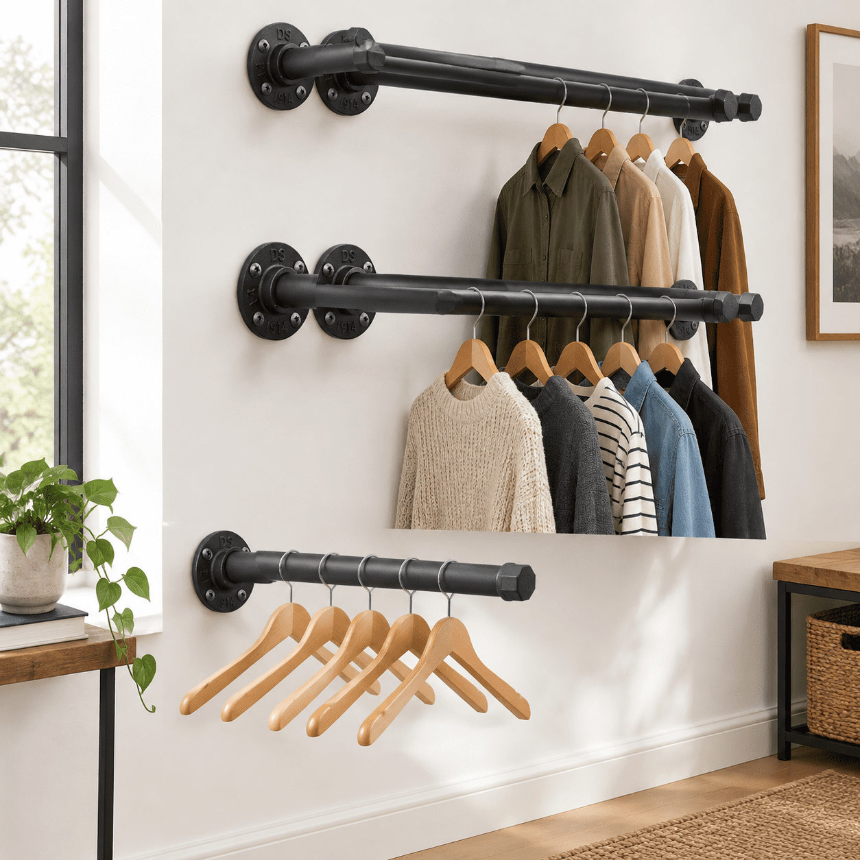 Wall Mount Pipe Racking Black 6 Pack 12 in Cast Iron Wall Mounted Industrial Pipe Clothes Rack ...