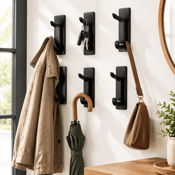 Black 6 Pack 13lb Strong Stick-on Hardware Hooks For Coat & Towel