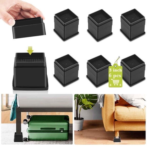 Black 6 Pack Furniture Risers 3 Inch Heavy Duty Square Leg Lifts For Table Desk Couch Chair Sofa Cabinet Bed
