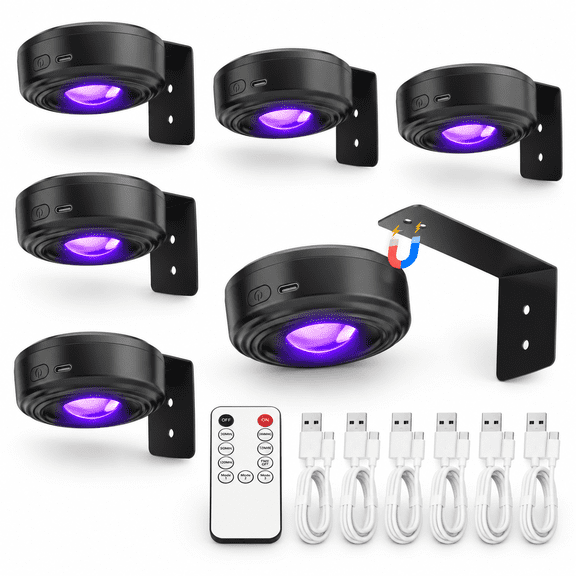 Black 6 Pack Mini Cordless Rechargeable UV LED Blacklight Flashlights