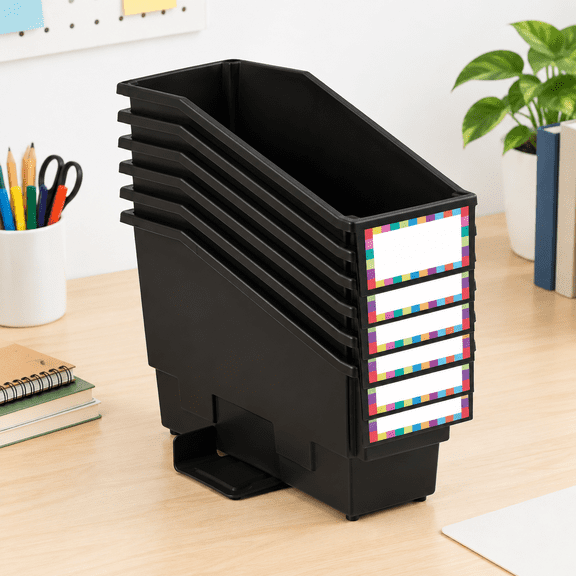 Black 6-Pack Non-Tip Book Bins with Stabilizer Wings for Classroom and Office Storage