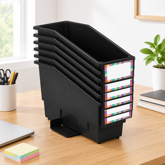 Black 6 Pack Non-Tip Book Organizer Bins with Stabilizer Wings