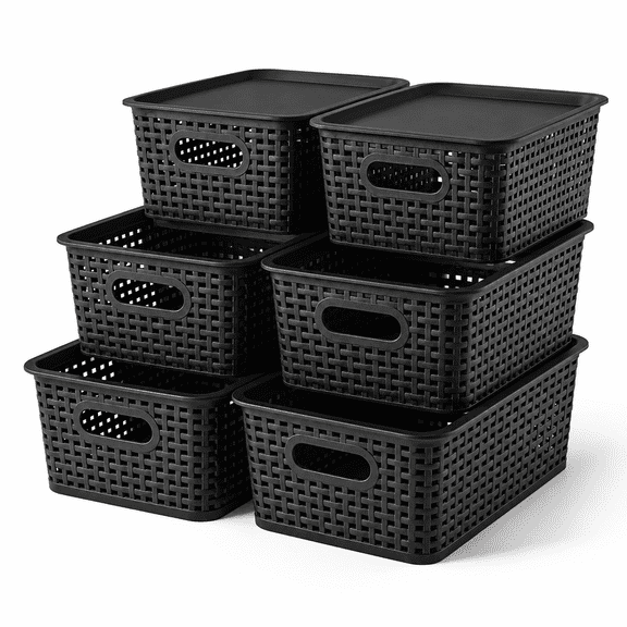 Black 6 Pack Small Stackable Plastic Storage Bins With Lids and Handles