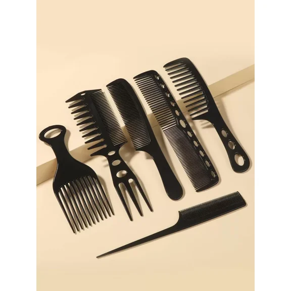 Black 6-Piece Hair Comb Set: Wide Tooth, Rat Tail, Pick & Styling Combs