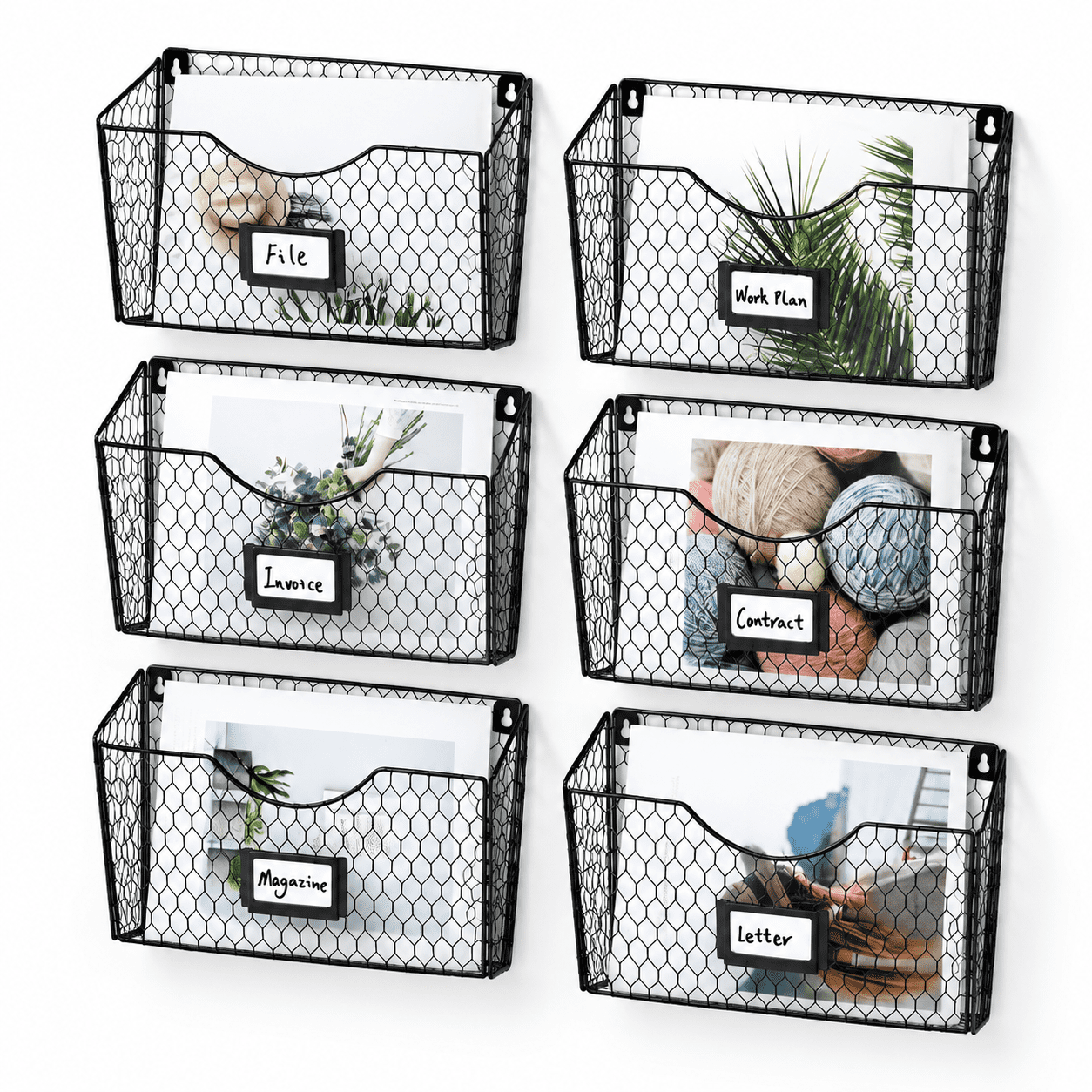 Hanging Metal File Rack Black 6 Pockets Hanging Wall Mount Metal File Organizer Mail Rack ...