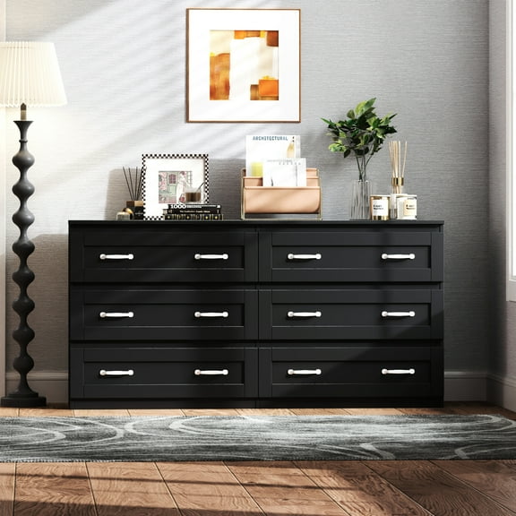 Black 6 Side Table For Bedroom, Living Room, Entryway - Practical Storage Wood Sideboard With 6 Drawers Enhance Your Bedroom