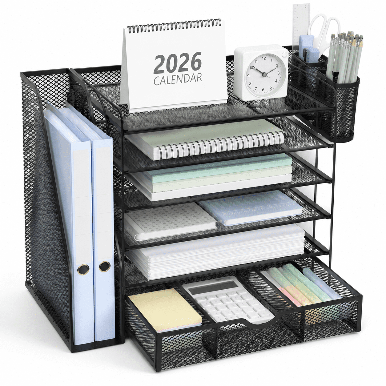 Black 6 Tier 1 Pack Desktop File Organizer with Drawer and Pen Holders ...