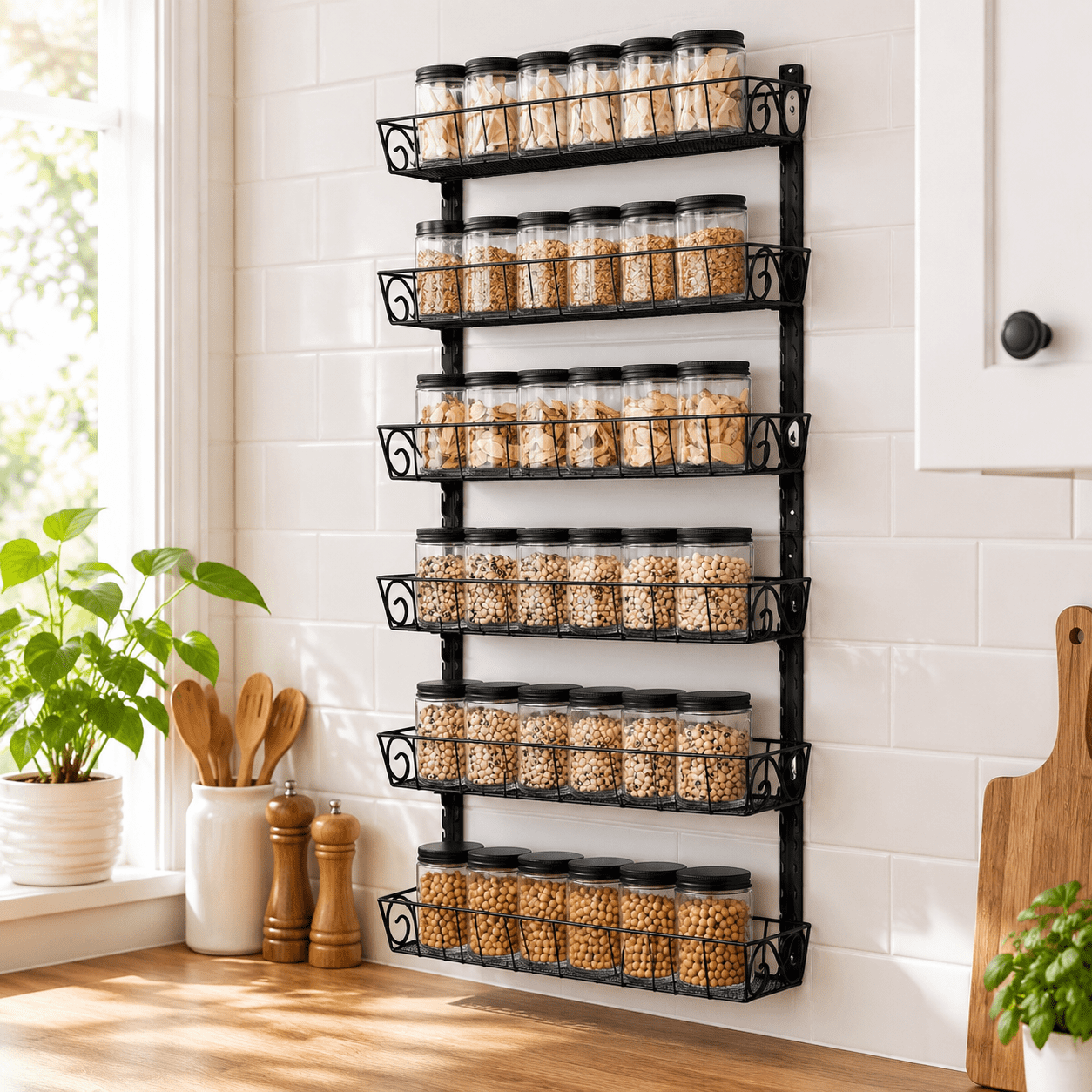 Black 6-Tier Adjustable Dual-Use Wall Mount Spice Rack Organizer ...