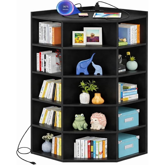 Black 6-Tier Corner Bookshelf with Power Outlets, L-Shaped Cubby Toy Storage with 15 Cubes and Top Table