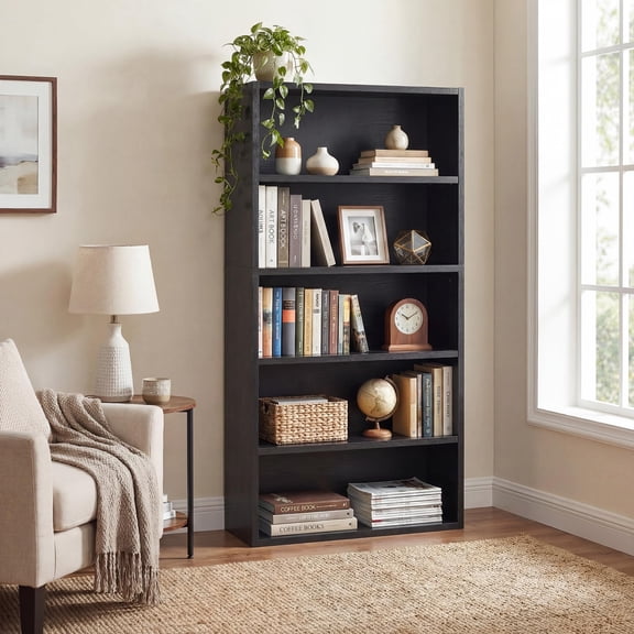Black 6-Tier Floor Standing Bookshelf, 63 Inch Tall Open Wooden Storage Unit With Adjustable Shelves