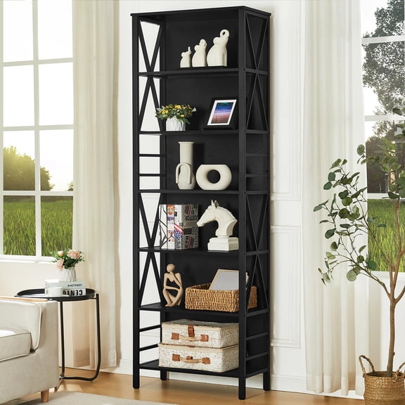 Black 6-Tier Industrial Metal Open Bookshelf With X-Frame Design For Living Room, Office Or Bedroom