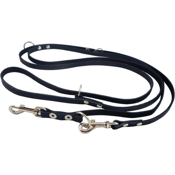 Black 6 Way Euro Leather Dog Leash, Schutzhund Lead 49"-94" Long, 3/8" Wide (10 mm) for Small Dogs
