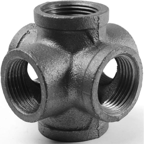 Black 6-Way Side Exit Cross, Cast Iron Pipe Fitting Cast Iron Angle Pipe Fitting for Vintage Style DIY Projects/Furniture/Shelves (Pack of 1) (1 INCH)