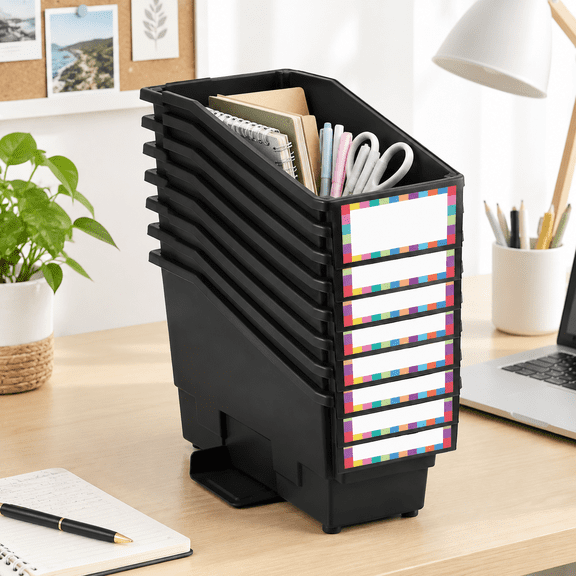 Black 6-pack Plastic Book Bins with Stabilizer Wings for Classroom and Office Storage