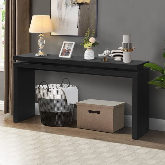 Black 60 Farmhouse Console Table  Narrow Wooden Entryway Table with Double Shelf, Retro Sofa Table for Living Room, Hallway, Rustic
