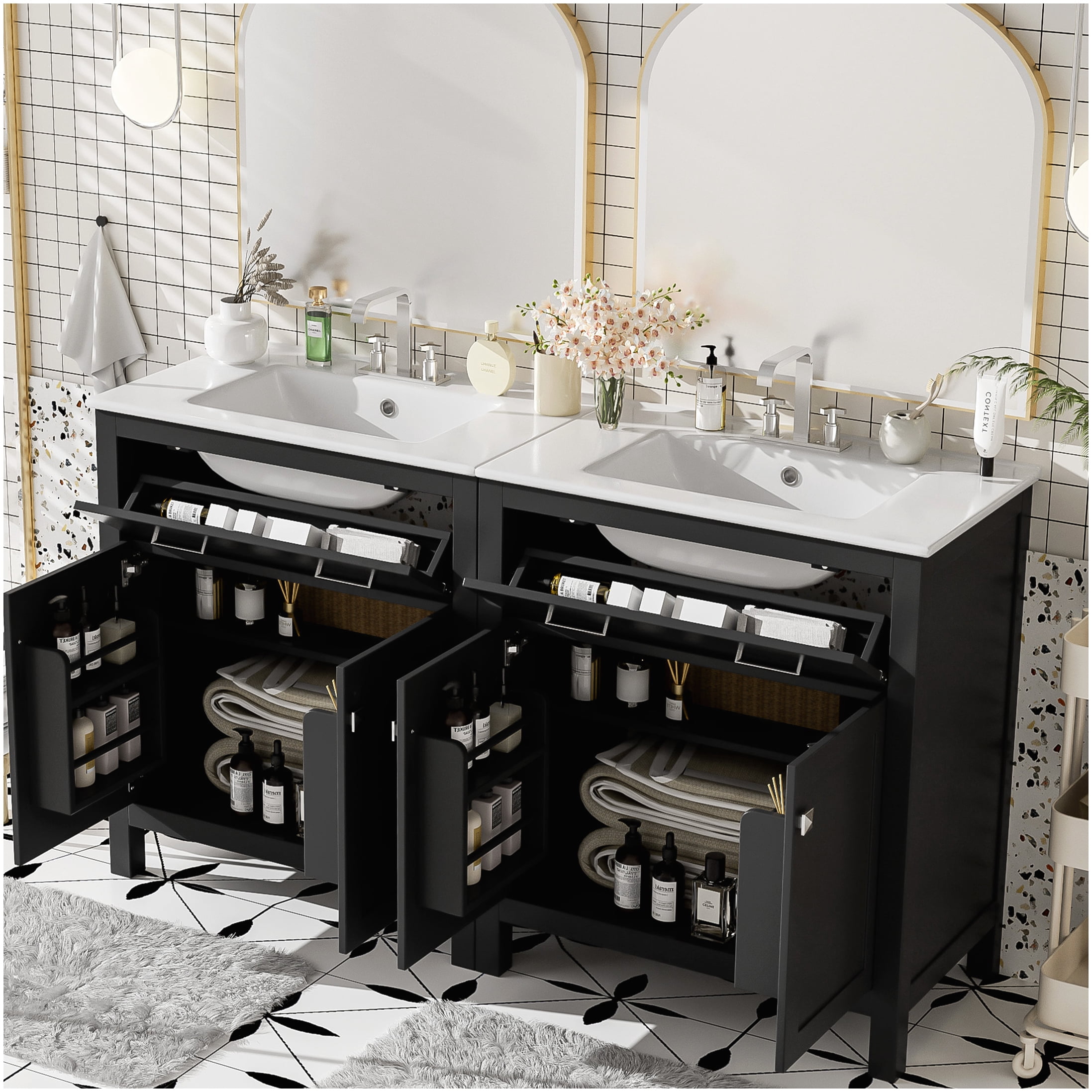 Black 60 Inch Bathroom Vanity with Double Vanities, Ceramic Sinks, Soft Close Cabinets, and Adjustable Storage Shelf