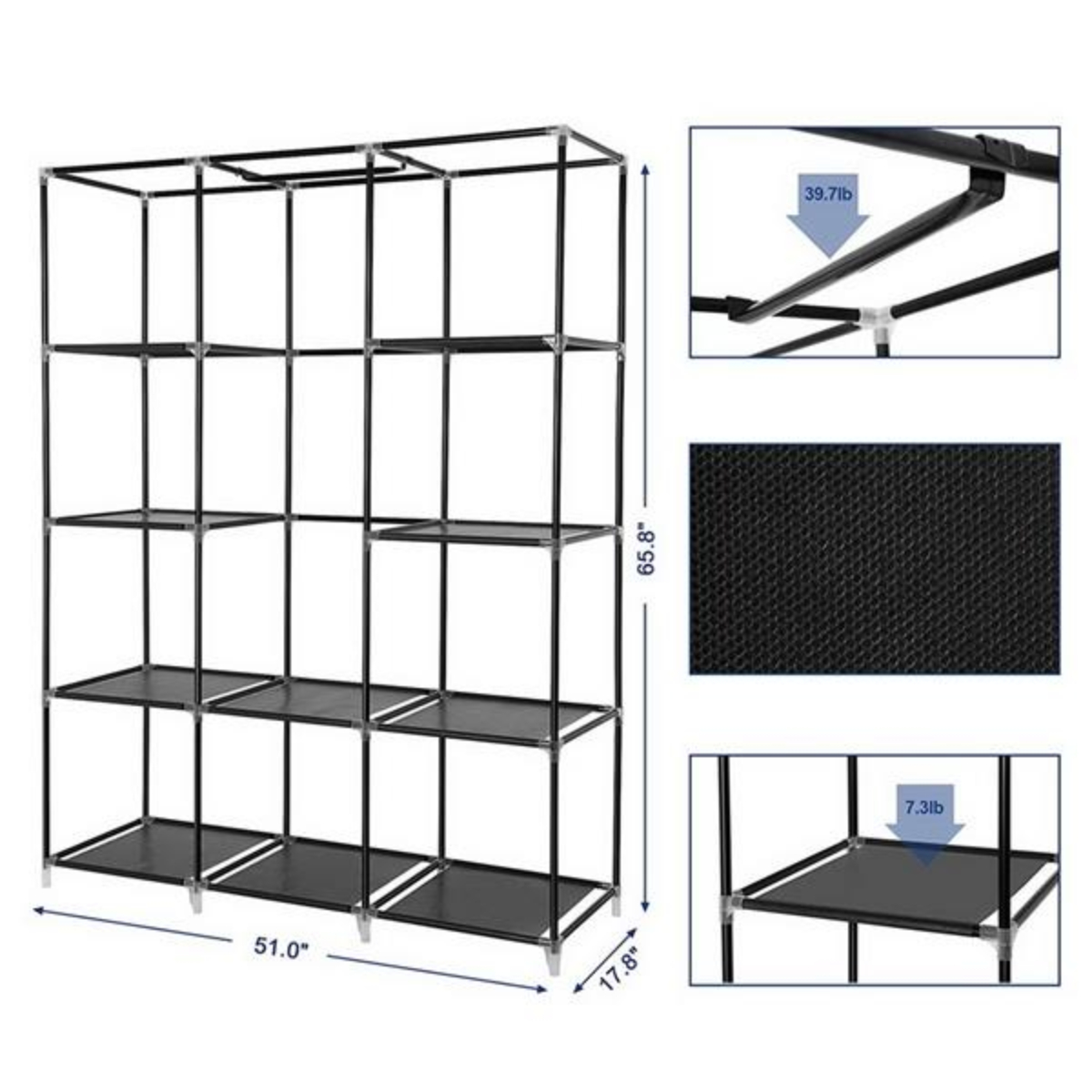 Black 67” Portable Closet Organizer 10 Shelves Extra Space Wardrobe