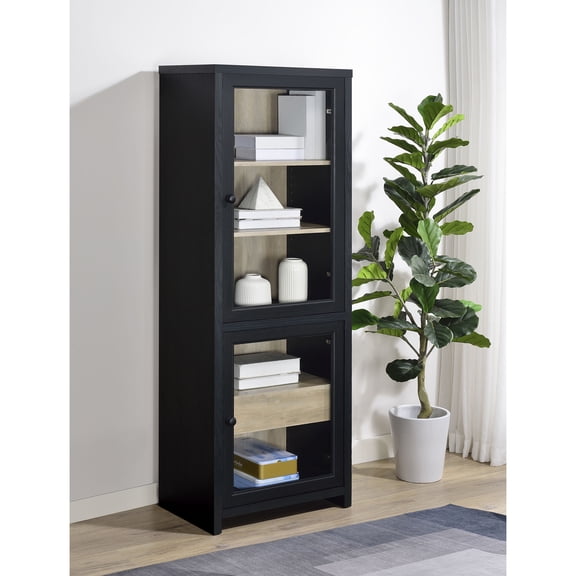 Black 67-inch Media Tower with Glass Doors and Drawer