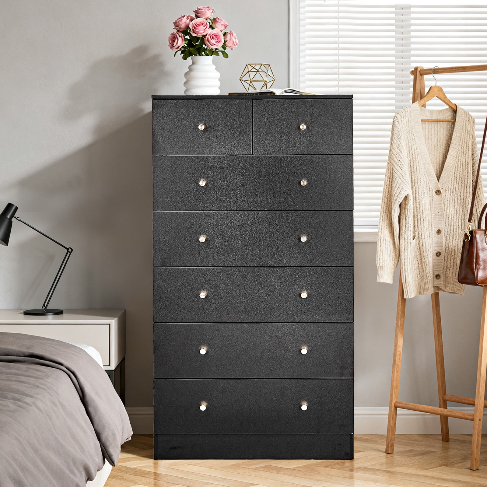 Black 7 Drawer Cabinet, Matte Gold Handles Textured Linen-Laminate Particle Board Cabinet, Tall Space-Saving Storage Organizer for Home Office Bedroom Living Area
