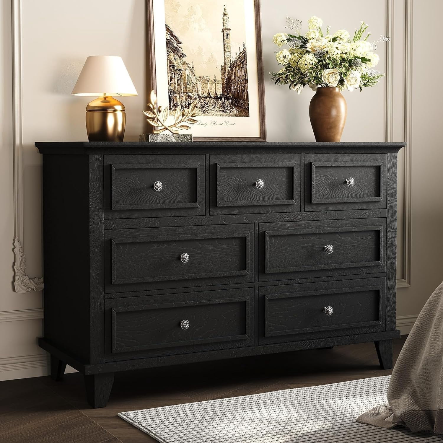 black dresser deep drawers Black 7-Drawer Dresser for Bedroom 47 inch Wide Chest of Drawers with Deep Drawers, Metal Handles, Thickened Desktop, Rustic Wood Drawers for Hallway,