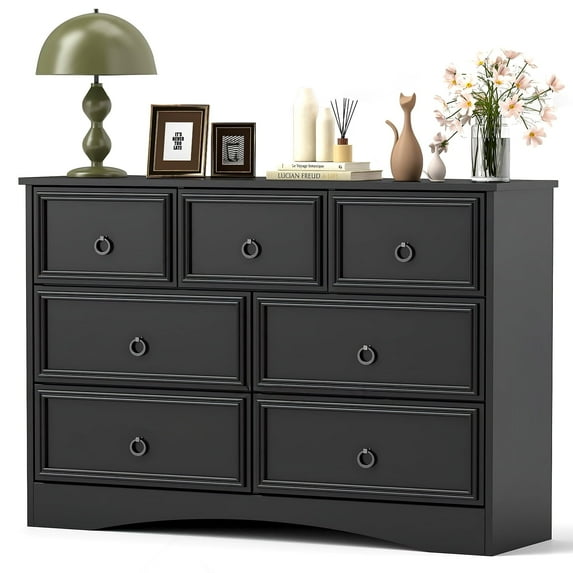 Black 7 Drawer Dresser for Bedroom, Modern Wide Chest Of Drawers Wood Storage Cabinet for Living Room