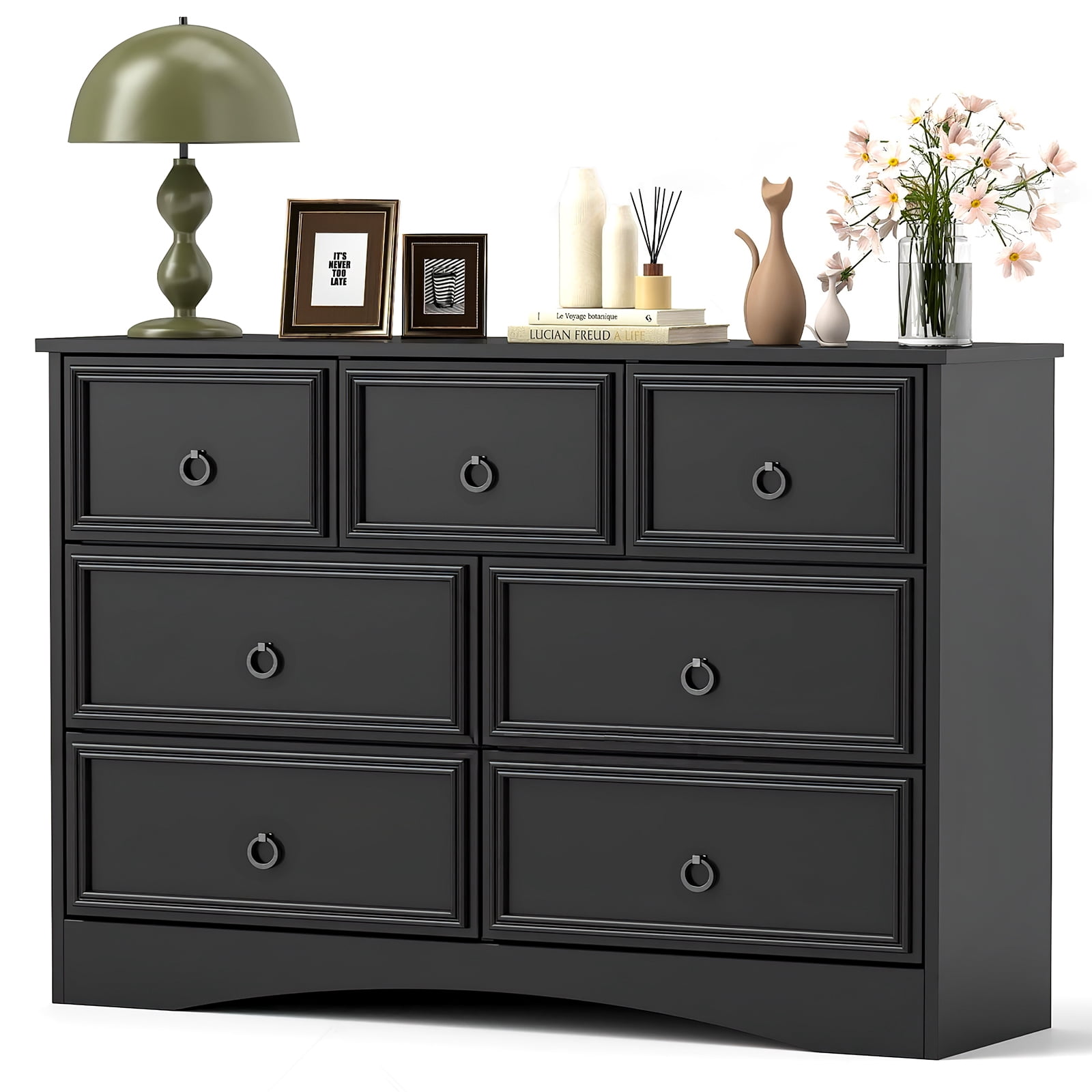 Black 7 Drawer Dresser for Bedroom, Modern Wide Chest Of Drawers Wood ...
