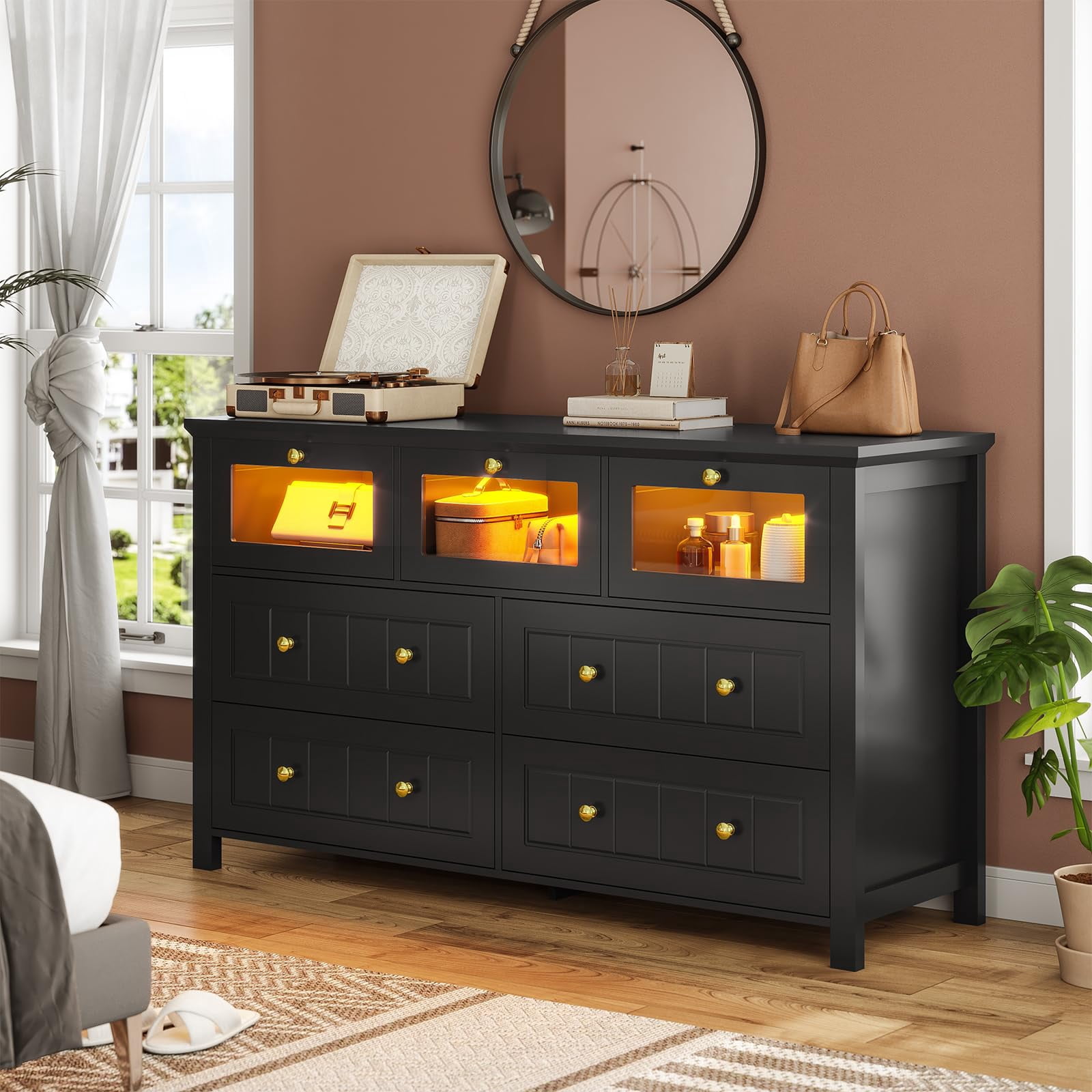 Black 7 Drawer Dresser for Bedroom with Led Lights,Modern LED Chest of